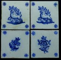 Lote 179 - FÁBRICA SANTANA, AZULEJOS - Conjunto de 4 azulejos avulsos com decoração a azul, desenho de flores e animais, peças soltas. Dim: 14,5x14,5 cm