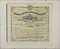 Lote 279 - COMPANHIA PORTUGUEZA DAS MINAS DO RIO SALÕR E OUTRAS , TÍTULO DE 1 ACÇÃO - Acção ao Portador no valor de 50.000 Reis emitida em 12 de Outubro de 1882. Dim: 35x38,5 cm (vidro com 40,5x50 cm)