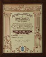 Lote 469 - TÍTULO DE 1 ACÇÃO DA "EMPRESA DE COMÉRCIO E HOTELARIA" - Sociedade Anónima de Responsabilidade Limitada com Sede no Porto, Capital de Esc. 750.000$00, Título de 1 Acção, Nº 45377 de Esc. 10$00, emitido no Porto a 26 de Março de 1955. Dim: manch