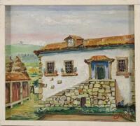 Lote 542 - CARLOS CARNEIRO F. - Original - Pintura a óleo sobre platex, assinada, datada de 1973, motivo "Casa Rural". Dim: mancha 38x42 cm. Dim: moldura 41x45 cm