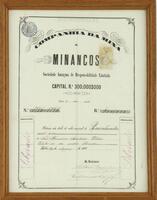 Lote 553 - TÍTULO DE 10 ACÇÕES DA "COMPANHIA DA MINA DE MINANCOS" - Sociedade Anonyma de Responsabilidade Limitada, Capital de R.s. 300.000$00, Título de 10 Acções, Nº 1786 a 1795 de R.s 500$000, emitido em Lisboa a 22 de Março de 1983. Dim: mancha 37x28 