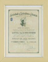 Lote 581 - TÍTULO DE 10 ACÇÕES DA "SOCIEDADE DE AGRICULTURA COLONIAL" - Sociedade Anonyma de Responsabilidade Limitada com Capital de 9.400:000.000$00, Título de 10 Acções, Nºs 72211 a 72220 de Esc. 1.000$00, emitido em Lisboa a 1 de Julho de 1954. Dim: m