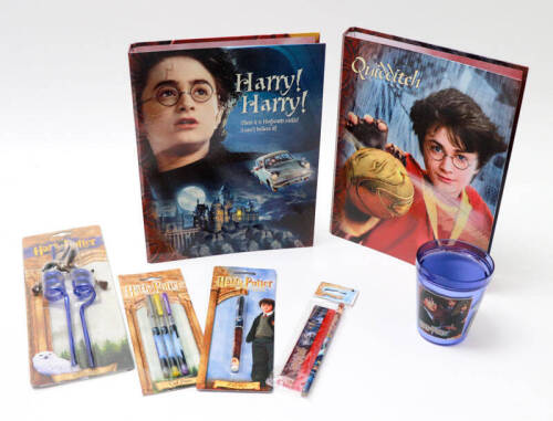 Lote 14 - CONJUNTO - Composto por 2 pastas arquivadoras, canetas,lápis,régua, conjunto de 2 palhinhas e copo do Harry Potter. Nota: pvp 40 €. Bom estado conservação