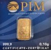 Lote 1 - BARRA DE OURO 999,9 - Barra de ouro 99,9% de 0,10 g, PIM Gold em invólucro selado, numerado e certificado de autenticidade emitido pela PIM, NMR Melter Assayer. Peso: 0.10 g. http://www.lbma.org.uk/pricing-and-statistics