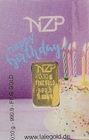 Lote 3 - BARRA DE OURO 999,9 - Barra de ouro 99,9% de 0,10 g, NZP "Happy Birthday" em invólucro selado e certificado de autenticidade emitido pela Niziplioglu Metal Rafineri. Peso: 0.10 g. http://www.lbma.org.uk/pricing-and-statistics  