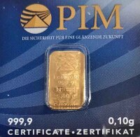 Lote 6 - BARRA DE OURO 999,9 - Barra de ouro 99,9% de 0,10 g, PIM Gold em invólucro selado, numerado e certificado de autenticidade emitido pela PIM, NMR Melter Assayer. Peso: 0.10 g. http://www.lbma.org.uk/pricing-and-statistics