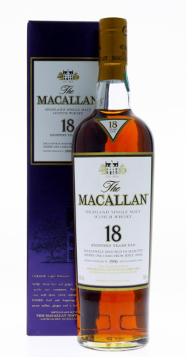 Lote 1 - WHISKY MACALLAN 18 YEARS - Garrafa de Whisky, Highland Single Malt, Exclusively Matured in Selected Sherry Oak Casks from Jerez, Spain, Distilled in 1996, (700ml - 43%vol). Em caixa de cartão original. Nota: garrafa idêntica à venda por € 814. Co