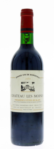 Lote 133 - CHATEAU LES MOINES 2000 - Garrafa de Vinho Tinto Francês, Premières Côtes de Blaye Appelation Controlée, Grand Vin de Bordeaux 2000, Alain Carreau, Blaye, Gironde, França, (750ml - 12,5%vol.)