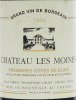 Lote 133 - CHATEAU LES MOINES 2000 - Garrafa de Vinho Tinto Francês, Premières Côtes de Blaye Appelation Controlée, Grand Vin de Bordeaux 2000, Alain Carreau, Blaye, Gironde, França, (750ml - 12,5%vol.) - 3