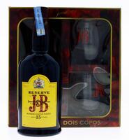 Lote 349 - WHISKY J&B 15 ANOS - Garrafa de Whisky, J&B, Aged 15 Years, Reserve, Finest Old Scotch Whisky, Justerini & Brooks, Escócia, (700ml - 40%vol.). Nota: em caixa de cartão original com 2 copos