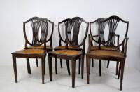 Lote 2810 - Seis cadeiras estilo inglês, 2 delas com braços, filetes embutidos, assento de palhinha, com 98x48x40 cm Nota: falhas e defeitos