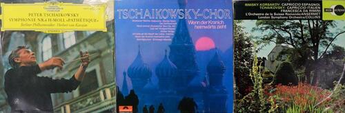 Lote 110 - MÚSICA CLÁSSICA - 3 discos de vinil de 33 rpm, disco com sinfonia "Pathétique" de Tschaikowsky por von Karajan, disco com sinfonias de Tschaikowsky pelo Tschaikowsky-Chor, e disco com sinfonias de Tschaikowsky e Rimsky-Korsakov. Não testados, 