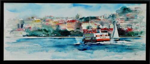 Lote 3220 - S.Ramos - Original - Pintura a óleo sobre tela, assinada e datada de 2007, motivo "Lisboa Vista do Tejo com Cacilheiro", com 40x100 cm (moldura com 45x105 cm)