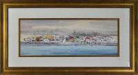 Lote 3234 - Xavier Galiza - Original - Aguarela sobre papel, assinada, motivo "Vista de Lisboa", com 27x70 cm (moldura com 52x94 cm). Nota: Xavier Galiza nasceu em Ourense em 1943, cidade onde estudou desenho, modelagem e escultura, na Escola de Artes e O