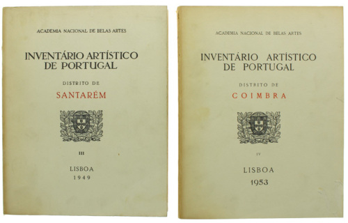 Lote 13 - INVENTÁRIO ARTÍSTICO DE PORTUGAL, LIVROS - 2 Vols. Por AA.VV. Conjunto com valor de € 200. "Distrito de Santarém", Vol. III, 1949; e "Distrito de Coimbra", Vol. IV, 1953. Edição da Academia Nacional de Belas-Artes. Dim: 30x23 cm. Encadernação de