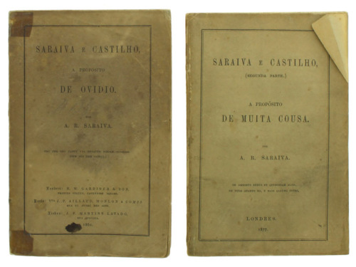 Lote 203 - SARAIVA E CASTILHO, A PROPÓSITO DE OVIDIO, LIVRO - 2 Vols. Por António Ribeiro Saraiva. Exemplar idêntico encontra-se à venda por € 120. Editora: J. P. Martins Lavado, Lisboa, 1862. Dim: 18x12 cm. Encadernação de capa de brochura. Nota: sinais 