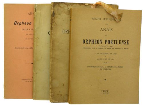 Lote 220 - ANNAES DO ORPHEON PORTUENSE, LIVROS - 4 Vols. (Desde a sua fundação 1897; Quarto Suplemento 1913; Quinto suplemento 1931; e Sexto suplemento 1952). Contribuição para a história da música em Portugal. Dim: 22x16 cm. Encadernação de capa de broch