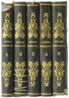 Lote 243 - O JUDEO ERRANTE, LIVROS DO SÉC. XIX - 5 Vols. Por Eugenio Sue. Editora: Na Imprensa Nacional, Lisboa, 1849. Dim: 20x13,5 cm. Encadernações em meia pele com ferros a ouro nas lombadas. Ilustrados. Nota: lombadas e patas cansadas