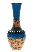 Lote 37 - JARRA ORIENTAL EM CLOISONNÉ - Jarra em bronze com decoração cloisonné pintado á mão em esmalte de fundo azul com flores rosadas. De realçar a sua gradinha vazada e rara em forma de pêra a todo á volta. Dim: 31 cm. Nota: em muito bom estado de co