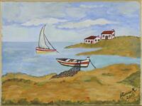 Lote 95 - ÁLVARO - ORIGINAL - Pintura a óleo sobre tela, assinada e datada de 2010, motivo: "Paisagem Costeira com Barcos e Casas". Dim: 30x40 cm. Nota: sem moldura