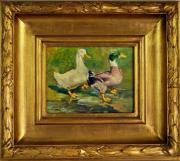 Lote 3387 - Armando Anjos (n.1931) - Original - Pintura a óleo sobre platex, motivo "Patos", assinado, com 16,5x21 cm (moldura dourada com 38x43 cm). Obras semelhantes do autor atingem nas leiloeiras nacionais valores de venda de 850€. Nota: Armando Anjos é neto de João Anjos e filho de Fortunato Anjos. Fez os estudos artísticos, na Escola Superior de Belas Artes de Montreal (Canadá) e está representado em diversos museus de Portugal, Canadá e Estados Unidos e ainda em numerosas colecções partic