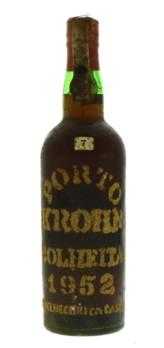 Lote 84 - PORTO KROHN COLHEITA 1952 - Garrafa de Vinho do Porto, Colheita de 1952, envelhecido em casco, engarrafado em 1984, Wiese Krohn, Vila Nova de Gaia, (750ml - 20%vol.). Nota: garrafa idêntica (com rótulo de papel) à venda por € 299. Consultar valo