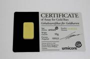 Lote 3566 - Barra de ouro fino 24kt ou 999,9 com 10gr de peso, acompanhada de certificado da UMICORE - Germany, numerado