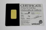 Lote 3618 - Barra de ouro fino 24kt ou 999,9 com 10gr de peso, acompanhada de certificado da UMICORE - Germany, numerado
