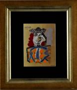 Lote 3634 - Pablo Picasso (1881-1973) - Placa cerâmica colorida a 10 cores, intitulada "Le Roi", assinada e datada de 22.02.69, série numerada 210/350, com 20x15 cm (moldura com 41x36 cm, com falhas). Este exemplar faz parte da colecção dos “Portraits Imaginaires”