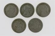 Lote 247 - Cinco moedas em Alpaca de 50 centavos Portuguesas datadas de 1930, Ex- Colónias- Cabo Verde, BC