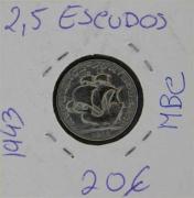Lote 264 - Numismática - Moedas; Portugal; 2,5 Escudos 1943 Moeda em PRATA; Estado: MBC; Cotação pelo anuário numismática 2013 - 20€
