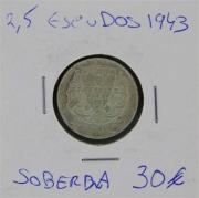 Lote 290 - Numismática - Moedas; Portugal; 2,5 Escudos 1943 Moeda em PRATA; Estado: SOBERBA; Cotação pelo anuário numismática 2013 - 30€