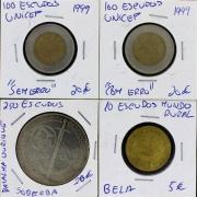 Lote 546 - Numismática - Moedas; Portugal; 4 Moedas - 250 Escudos Batalha de Ourique1989, 100 escudos 1999 Unicef com erro, 100 escudos 1999 Unicef sem erro, 10 escudos 1987 mundo rural; Estado: Belo; Cotação pelo anuário numismática 2013 - 20€, 20€, 20€ e 5€ respectivamente: valor total do lote: 65€