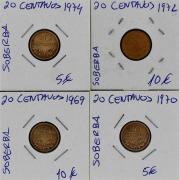 Lote 613 - Numismática - Moedas; Portugal; 4 Moedas - 20 centavos de 1969, 1970, 1972 e 1974 Estado: Belo; Cotação pelo anuário numismática 2013 - 10€, 5€, 10€ e 5€ respectivamente: valor total do lote: 30€
