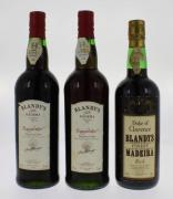 Lote 1666 - Conjunto de três garrafas de vinho da Madeira, duas de Blandy´s Madeira Rainwater Medium Dry e uma de Duke of Clarence Blandy`s Finest Madeira Rich