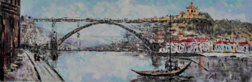 Lote 2060 - Lopes de Sousa - Original - Pintura a óleo sobre tela, motivo "Ponte D. Luiz I - Centros Históricos do Porto e Gaia Vistos do Douro", assinada, com 40x120 cm. Nota: Lopes de Sousa é natural de Aveiro, expõe desde 1975, premiado internacionalme