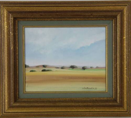 Lote 2349 - Silva Palmeira (n.1934) - Original - Acrílico sobre tela, assinada e datada de 1998, motivo "Paisagem Alentejana I", com 24x30cm (moldura dourada com 42x48 cm). Nota: Silva Palmeira iniciou a sua actividade artística como pintor em 1948 na áre