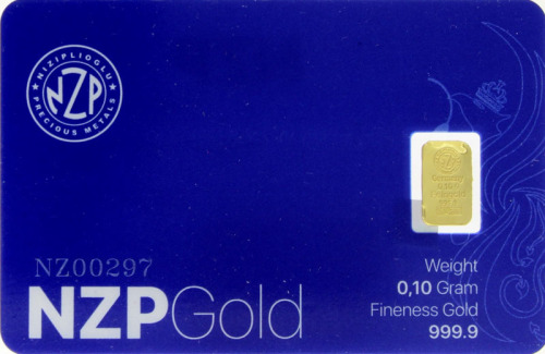 Lote 37 - BARRA DE OURO 999,9 - Barra de ouro 99,9% de 0,10 g. Em invólucro selado e certificado em forma de Cartão de Crédito NZP Gold emitido pela Niziplioglu Metal Rafineri. Nº NZ00297. Peso: 0.10 g. http://www.lbma.org.uk/pricing-and-statistics  