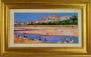 Lote 2639 - Mota Urgeiro - Original - Pintura a óleo sobre madeira, assinada, motivo "Lavadeiras no Mondego - Coimbra", com 24x50 cm (moldura dourada com 42x68 cm). Nota: Autor muito apreciado e valorizado tanto em Portugal como no estrangeiro