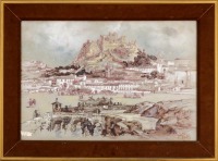 Lote 5 - CESAR ABBOTT (1910-1977) - Original - Pintura de técnica mista sobre papel, assinada, datada de 1975, motivo "Vista de Leiria". Dim: mancha 45x65 cm. Dim: moldura 60x80 cm. Nota: destacou-se pelos inúmeros trabalhos realizados em aguarela e pelas