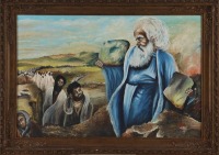 Lote 8 - NAMREG - Original - Pintura a óleo sobre tela, assinada, datada de 1981, motivo "Cena Bíblica". Dim: mancha 80x120 cm. Dim: moldura 100x140 cm