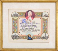 Lote 30 - BENÇÃO PAPAL - Bênção apostólica sobre papel com decoração policromada e inscrições pintada à mão com o nome dos agraciados datada de 1990. Dim: 30x36,5 cm (moldura com 46,5x53 cm)