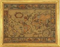 Lote 286 - MAPA MUNDI - Impressão colorida sobre serapilheira reproduzindo o mapa "Nova totius terrarum orbis geographica ac hydrographica tabula" de Willem Blaeu. Dim: 93x121 cm (moldura em madeira dourada com 107x136 cm)