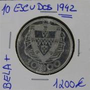 Lote 2760 - Numismática - Moedas; Portugal; 10 Escudos 1942; MOEDA MAIS ESCASSA desta série neste estado; Estado: Bela +, Quase SOBERBA; Cotação pelo anuário numismática 2013 - 1200€