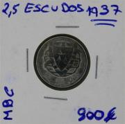 Lote 2905 - Numismática - Moedas; Portugal; 2,5 Escudos 1937; MOEDA MAIS ESCASSA desta série Estado: MBC; Cotação pelo anuário numismática 2013 - 900€