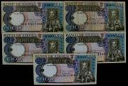 Lote 636 - Notafilia - Cinco Notas de Mil Escudos, do Banco de Angola, Luiz de Camões, de 1973, Estado MBC.