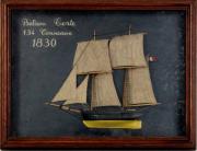 Lote 207 - Quadro decorativo com barco colado sobre placa de madeira, motivo " Balaou Certe 134 Conneaux - 1830", moldura com 32x42 cm. Nota: moldura com falhas