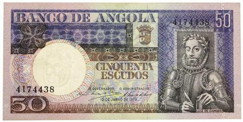 Lote 14 - ANGOLA, NOTA DE 50 ESCUDOS, ANO 1973 - Nota do Banco de Angola, Efigie de Luís de Camões, 10 de Junho de 1973. Dim: 137x67 mm. Nota: sem classificação atribuída pela Oportunity Leilões, cabe ao licitante atribuir a classificação e a valorização 