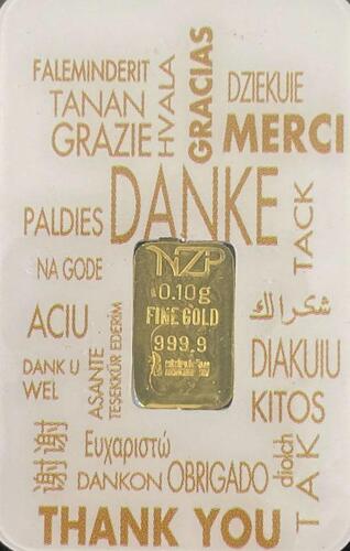 Lote 22 - BARRA DE OURO 999,9 - Barra de ouro 99,9% de 0,10 g, NZP "Thank You - Obrigado" em invólucro selado e certificado de autenticidade emitido pela Niziplioglu Metal Rafineri. Peso: 0.10 g. http://www.lbma.org.uk/pricing-and-statistics