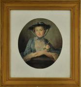 Lote 23 - Reprodução sobre papel, motivo "Retrato de Mademoiselle Doré", com 22x19 cm (moldura dourada com 38x35 cm, falhas)